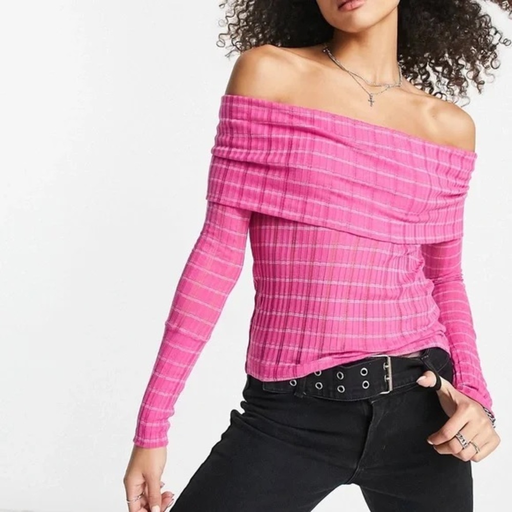 FREE PEOPLE Snowbunny Ribbed Off The Shoulder Top Pink